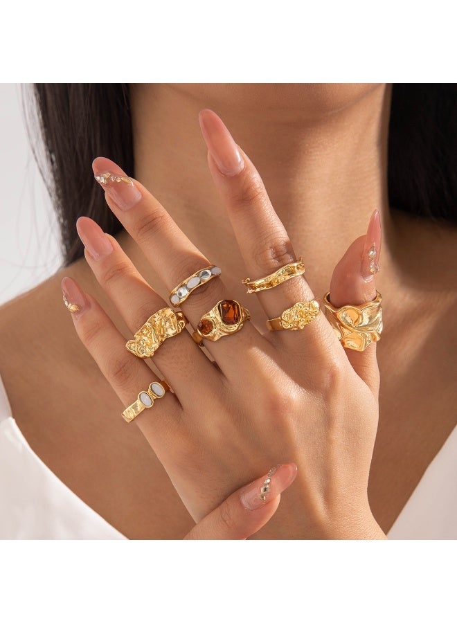 Lavida Geometric Vintage Alloy Gem Ring Set, 7Pcs Irregular Enamel Inlaid Crystal Rings, Minimalist Fashion Jewelry for Women - Image 1