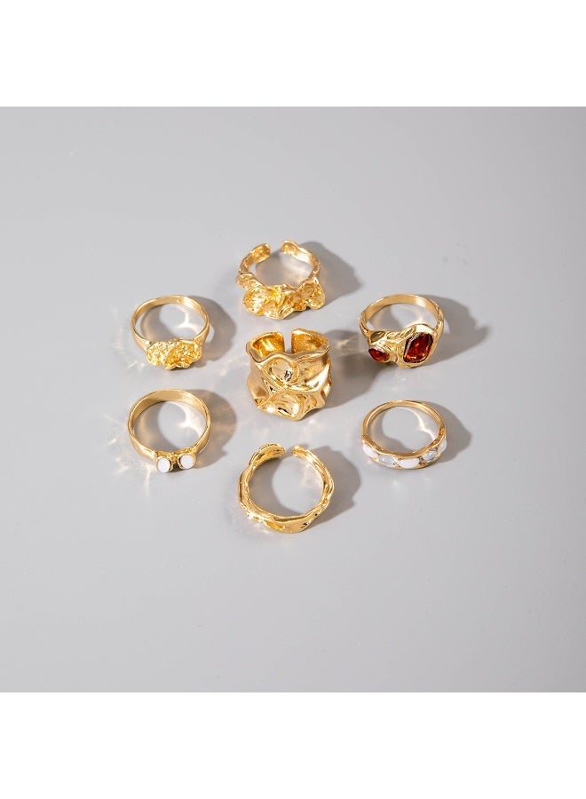 Lavida Geometric Vintage Alloy Gem Ring Set, 7Pcs Irregular Enamel Inlaid Crystal Rings, Minimalist Fashion Jewelry for Women - Image 4