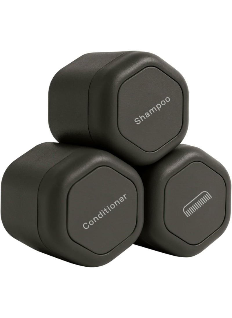 Cadence Cadence Travel Containers - Haircare Set - Magnetic Travel Capsules - For Shampoo, Conditioner, Hair Styling Product - 3 Flex Mediums (1.32oz) with Shampoo, Conditioner & Comb Icon Labels - Charcoal 