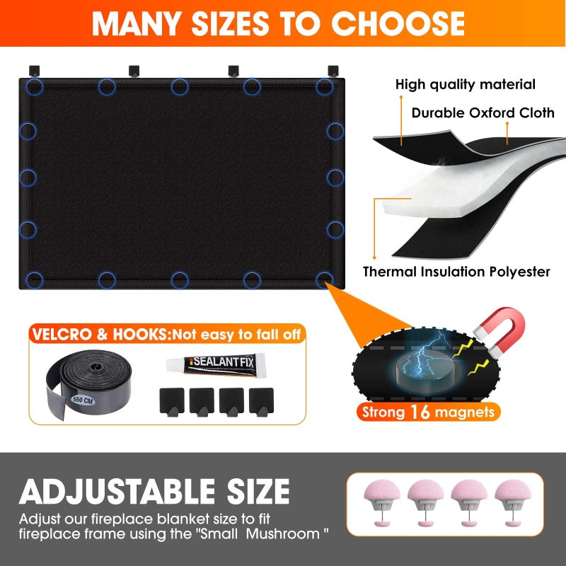 Cadara Fireplace Blocker Blanket Stops Heat Loss  Magnetic Fireplace Draft Stopper  Indoor Fireplace Draft Cover With Hook And Loop Tapes  Fireplace Cold Air Blocker Save Energy  Black 36"" W X 28"" H - Image 2