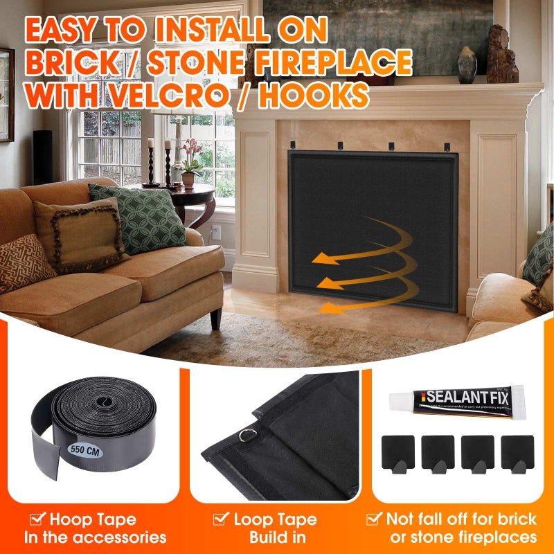 Cadara Fireplace Blocker Blanket Stops Heat Loss  Magnetic Fireplace Draft Stopper  Indoor Fireplace Draft Cover With Hook And Loop Tapes  Fireplace Cold Air Blocker Save Energy  Black 36"" W X 28"" H - Image 5