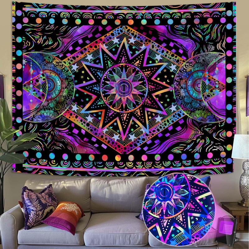Fowocu Blacklight Sun and Moon Tapestry Glow in The Dark Neon Hippie Bohemian Tapestries for Bedroom Aesthetic UV Reactive Purple Celestial Tie Dye Tapestry Wall Hanging for Living Room Dorm (60'' Ã— 44'') - Image 1