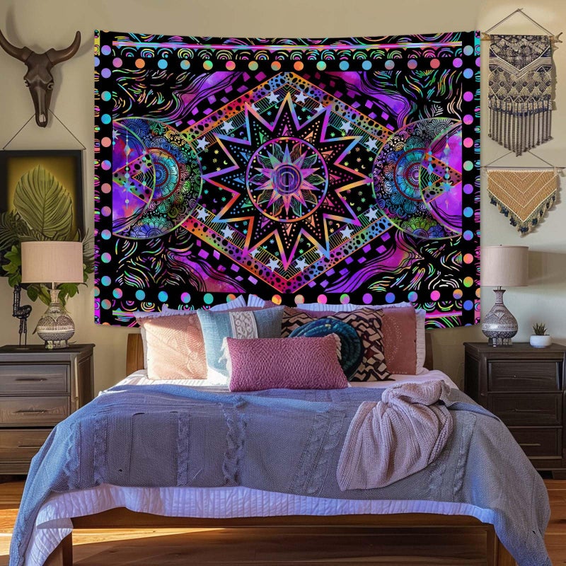 Fowocu Blacklight Sun and Moon Tapestry Glow in The Dark Neon Hippie Bohemian Tapestries for Bedroom Aesthetic UV Reactive Purple Celestial Tie Dye Tapestry Wall Hanging for Living Room Dorm (60'' Ã— 44'') - Image 5