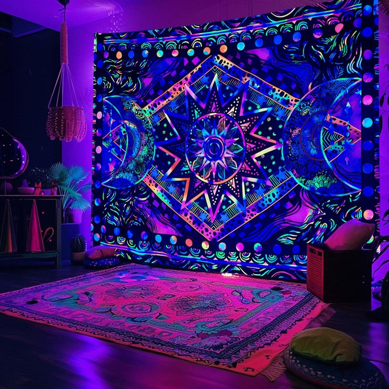 Fowocu Blacklight Sun and Moon Tapestry Glow in The Dark Neon Hippie Bohemian Tapestries for Bedroom Aesthetic UV Reactive Purple Celestial Tie Dye Tapestry Wall Hanging for Living Room Dorm (60'' Ã— 44'') - Image 3
