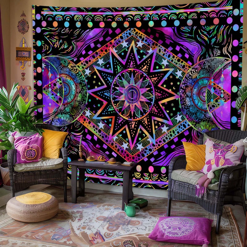 Fowocu Blacklight Sun and Moon Tapestry Glow in The Dark Neon Hippie Bohemian Tapestries for Bedroom Aesthetic UV Reactive Purple Celestial Tie Dye Tapestry Wall Hanging for Living Room Dorm (60'' Ã— 44'') - Image 2