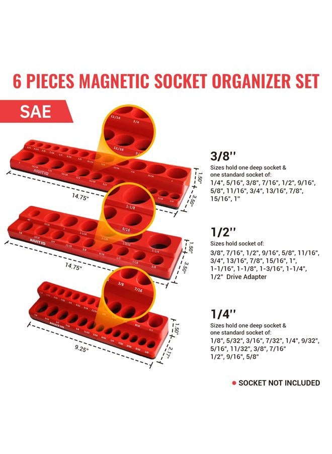 AIUITIO 6-Piece Magnetic Socket Organizer Set, Magnetic Socket Holder Includes 1/4", 3/8", 1/2" Drive Metric SAE Socket Trays, Holds 143 Pieces Standard and Deep Sockets(Socket not Included) - Image 4