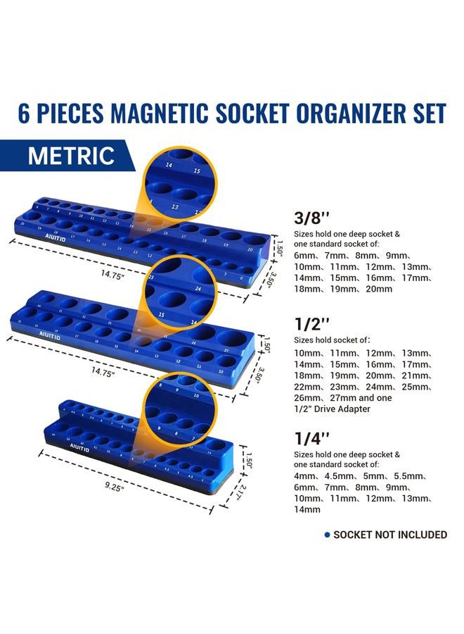 AIUITIO 6-Piece Magnetic Socket Organizer Set, Magnetic Socket Holder Includes 1/4", 3/8", 1/2" Drive Metric SAE Socket Trays, Holds 143 Pieces Standard and Deep Sockets(Socket not Included) - Image 5