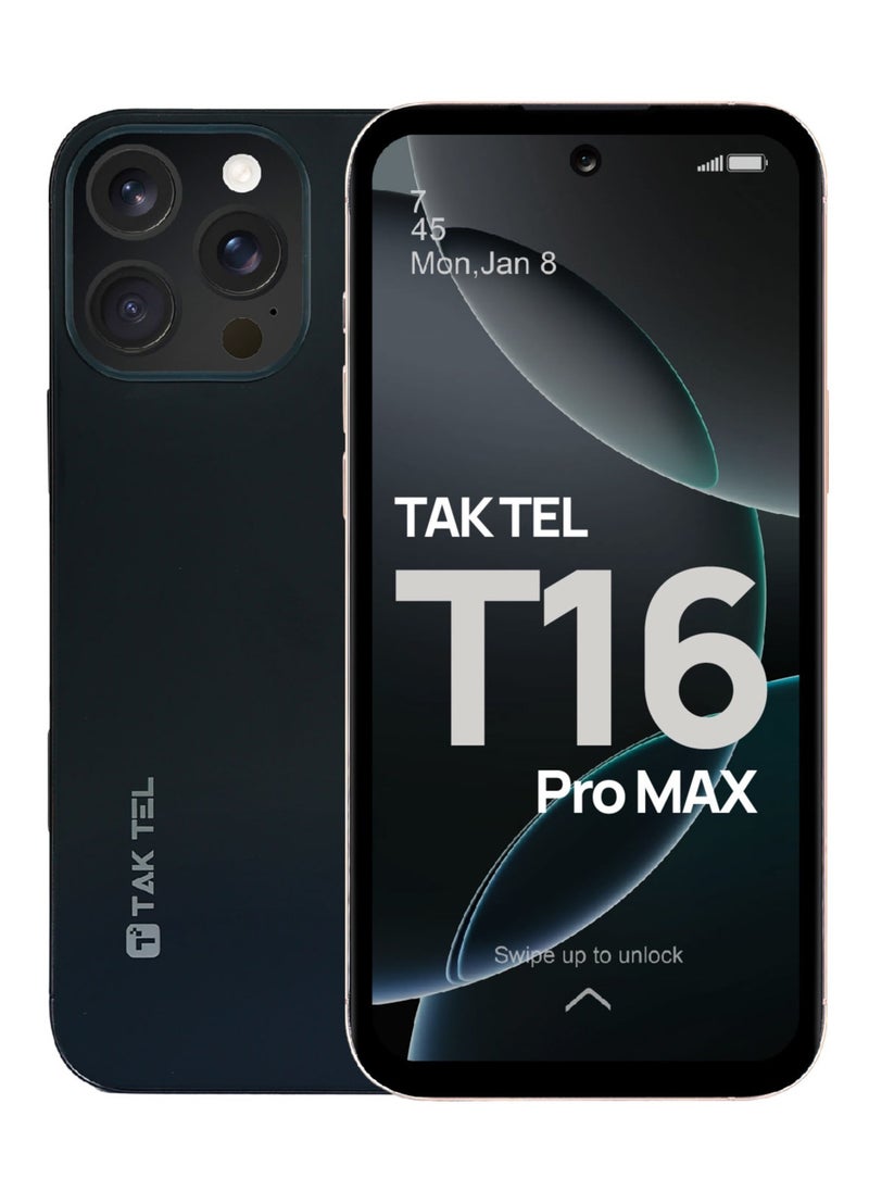 تا كتيل هاتف ذكي T16 Pro MAX يعمل بنظام Android، ذاكرة وصول عشوائي سعتها 12 جيجابايت وسعة تخزين 128 جيجابايت، وكاميرا مزدوجة بدقة 16 ميجابكسل وشاشة فائقة الوضوح FHD+ (أسود)  - Image 1