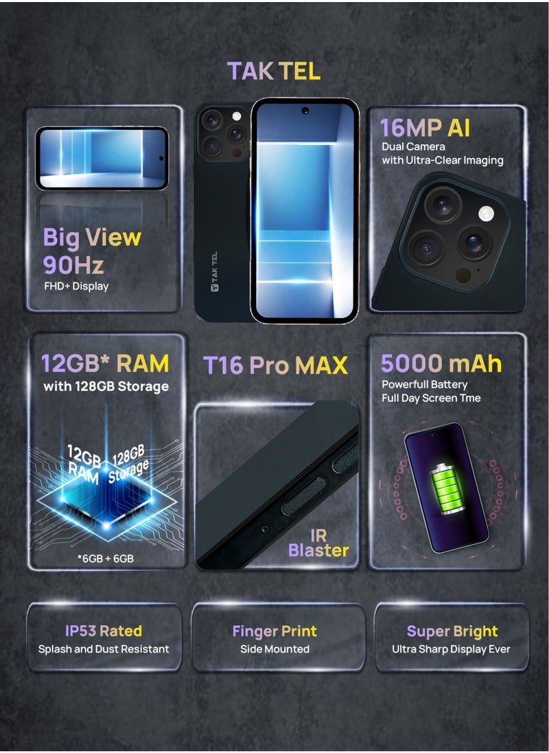 تا كتيل هاتف ذكي T16 Pro MAX يعمل بنظام Android، ذاكرة وصول عشوائي سعتها 12 جيجابايت وسعة تخزين 128 جيجابايت، وكاميرا مزدوجة بدقة 16 ميجابكسل وشاشة فائقة الوضوح FHD+ (أسود)  - Image 3