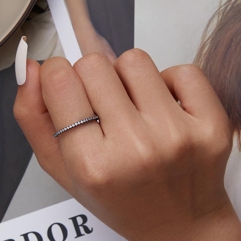 WOSTU 925 Sterling Silver Ring Eternity Cubic Zirconia Stackable Band Ring Tarnish Resistant Wedding Band for Women Men Multi Colors Statement Ring Comfort Fit Ring Gifts for 1.5mm Ring Size 10 Black - Image 2