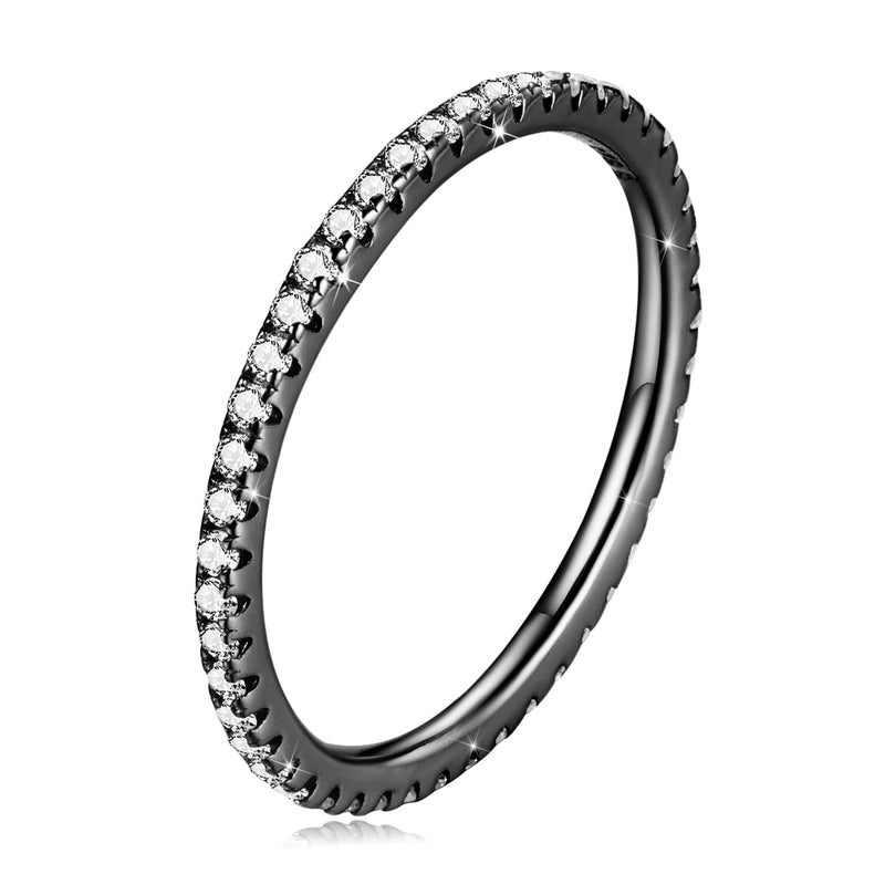 WOSTU 925 Sterling Silver Ring Eternity Cubic Zirconia Stackable Band Ring Tarnish Resistant Wedding Band for Women Men Multi Colors Statement Ring Comfort Fit Ring Gifts for 1.5mm Ring Size 10 Black - Image 1