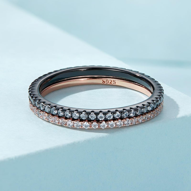 WOSTU 925 Sterling Silver Ring Eternity Cubic Zirconia Stackable Band Ring Tarnish Resistant Wedding Band for Women Men Multi Colors Statement Ring Comfort Fit Ring Gifts for 1.5mm Ring Size 10 Black - Image 4