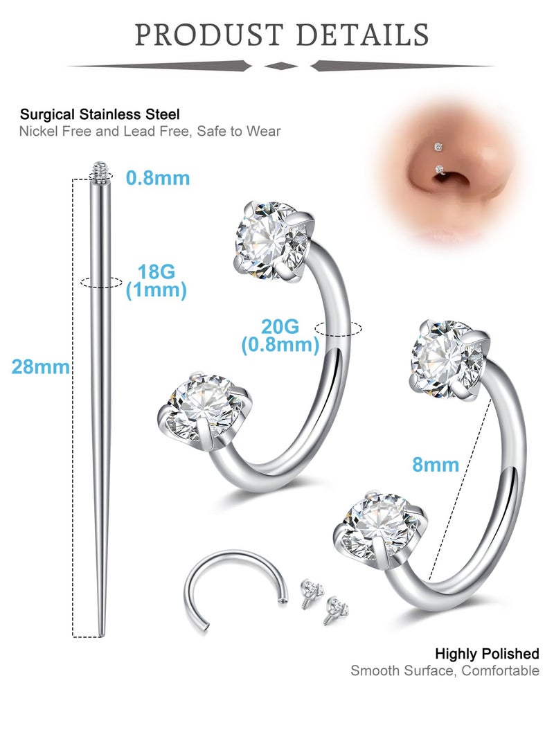 QWALIT Horseshoe Nose Ring 18g Double Gem Horse Shoe Nose Ring Hoop for Women Surgical Steel Half Hoop Earring Silver Tragus Earring Hoops Labret Lip Rings Helix Piercing Jewelry Septum Rings 18 gauge - Image 2