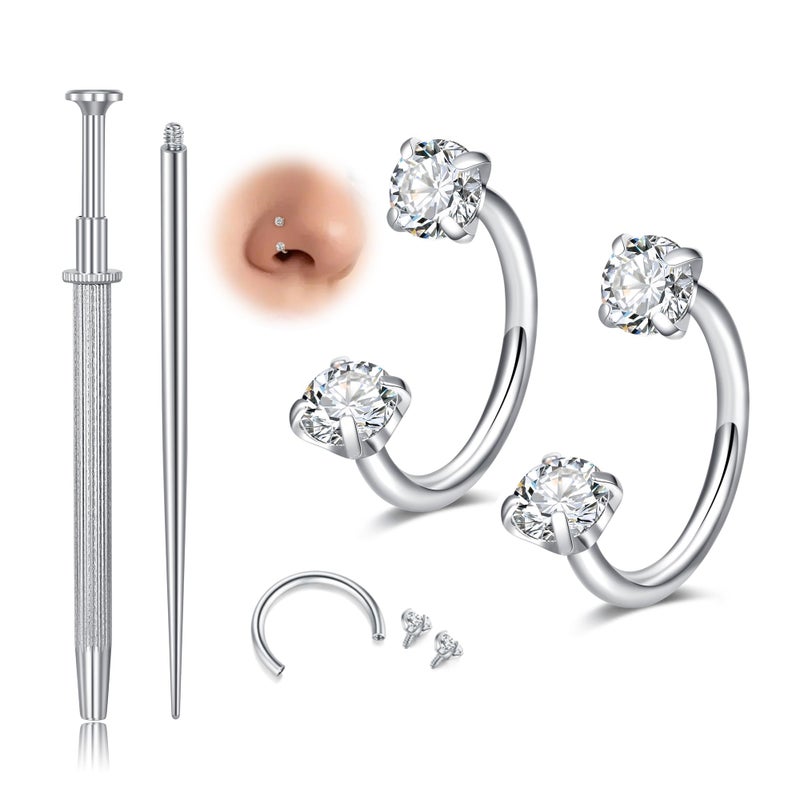 QWALIT Horseshoe Nose Ring 18g Double Gem Horse Shoe Nose Ring Hoop for Women Surgical Steel Half Hoop Earring Silver Tragus Earring Hoops Labret Lip Rings Helix Piercing Jewelry Septum Rings 18 gauge - Image 1