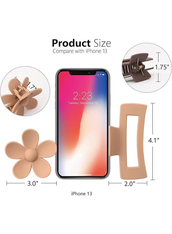 6 Pack 4.1 Inch Large Rectangle Hair Claw Clips, Matte Flower Hair Clips for Women Thin Thick Curly Hair, Non Slip Strong Hold Hair Catch Clamps Barrettes Headwear Accessories, Neutral Colors - Image 2