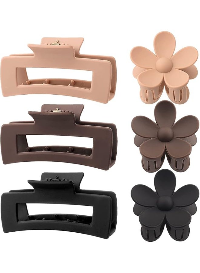 6 Pack 4.1 Inch Large Rectangle Hair Claw Clips, Matte Flower Hair Clips for Women Thin Thick Curly Hair, Non Slip Strong Hold Hair Catch Clamps Barrettes Headwear Accessories, Neutral Colors - Image 1