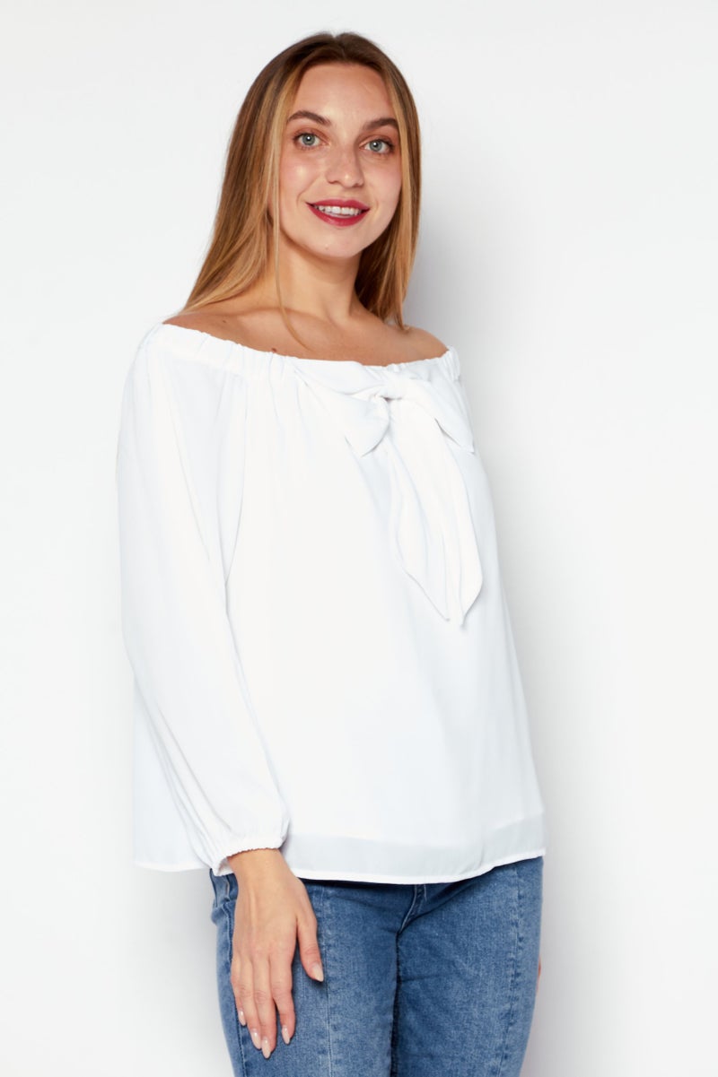 Riley & Rae بلوزة نسائية بدون أكتاف بأكمام طويلة، بيضاء - Image 1