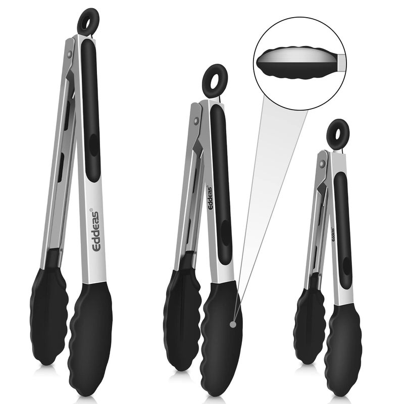 Eddeas Kitchen Tongs with Silicone Tips, Tongs for Cooking Heat Resistant 600 Degrees Stainless Steel Locking Tong - 7" 9" & 12 inch Silicone Tong Non-Stick, Black Set of 3 - Image 1