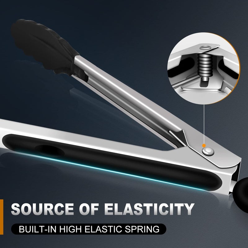 Eddeas Kitchen Tongs with Silicone Tips, Tongs for Cooking Heat Resistant 600 Degrees Stainless Steel Locking Tong - 7" 9" & 12 inch Silicone Tong Non-Stick, Black Set of 3 - Image 4