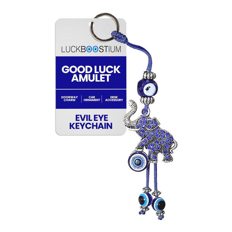 LUCKBOOSTIUM Evil Eye Keychain  Elephant Car Hanging Ornament  Blue Crystal Rhinestones Good Luck Amulet Spiritual Protection Keychain Elephant Evil Eye Car Charm Lucky Key Chain