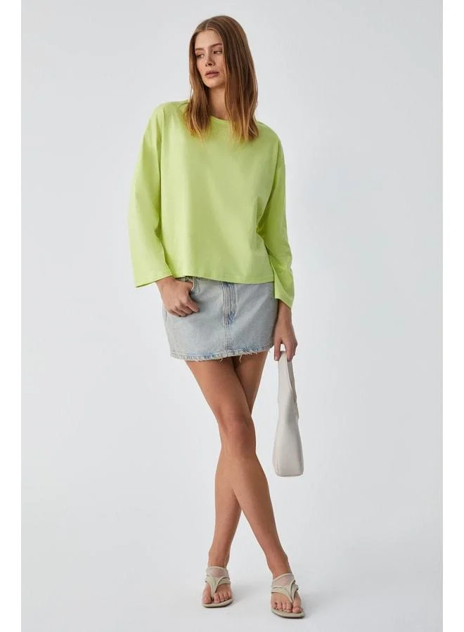 Grimelange BASIL Women's Oversized 100% Organic Cotton Knitted Long Sleeve Green T-Shirt.