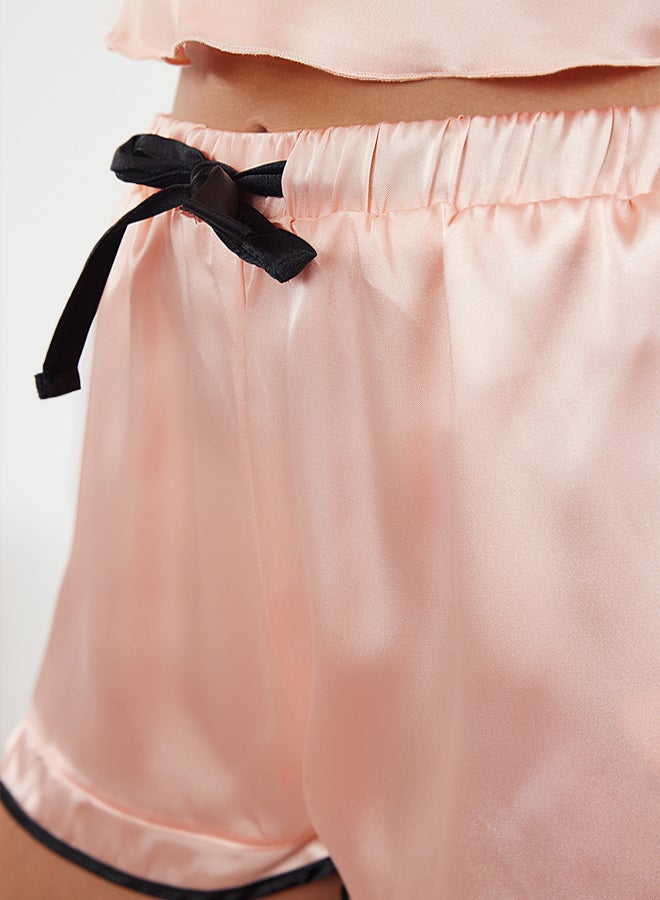 trendyol Salmon Piping and Ribbon/Bow/Tie Detail Woven Pajama Set with Satin Shorts  - Image 3
