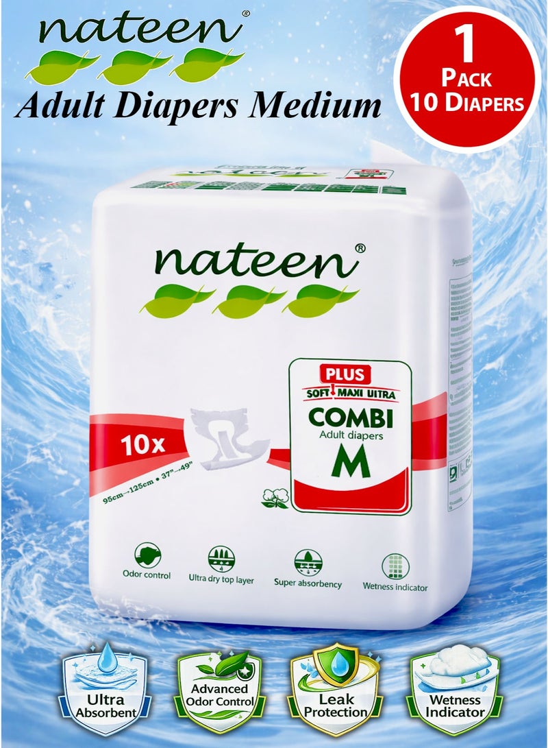 nateen 10 Count Nateen Combi Plus Adult Diapers Medium Size Incontinence Disposable Underwear for Men and Women Waist Size 95 to 125 cm Super Absorbent Core Leak Guard Wetness Indicator Ultra Dry Top Layer Soft Breathable Comfortable Odor Control Day and Night Protection Unisex Premium Quality 2450 ml Absorbency - Image 1