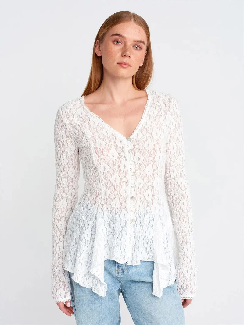 Dilvin DILVIN Lace V-Neck Button Cardigan