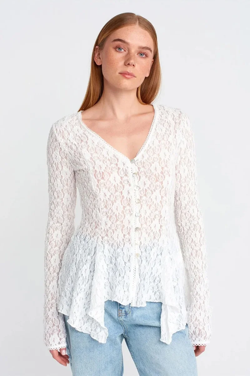 DILVIN Lace V-Neck Button Cardigan