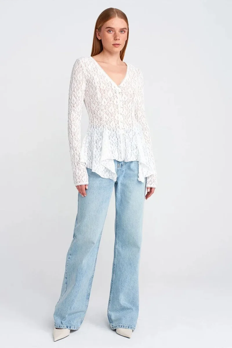 Dilvin White DILVIN Lace V-Neck Button Cardigan for Women | Best Price UAE