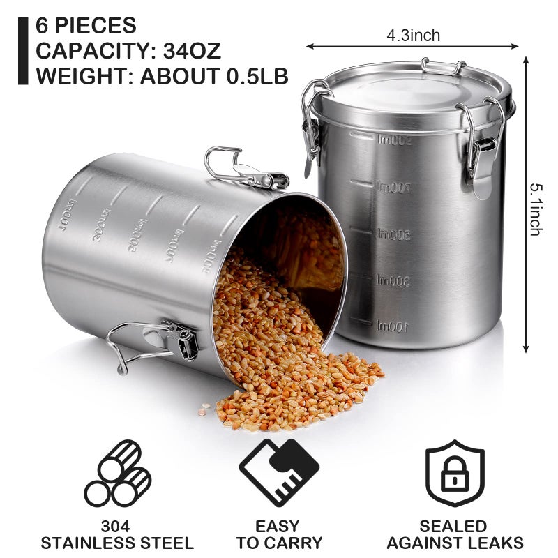 Zopeal 6 Pack 34 Oz Stainless Steel Canisters Set Stainless Steel Airtight Food Storage Containers Metal Containers with Lids Sealed for Tea Coffee Sugar Flour Baking Pantry Kitchen Counter (34 oz) - Image 2
