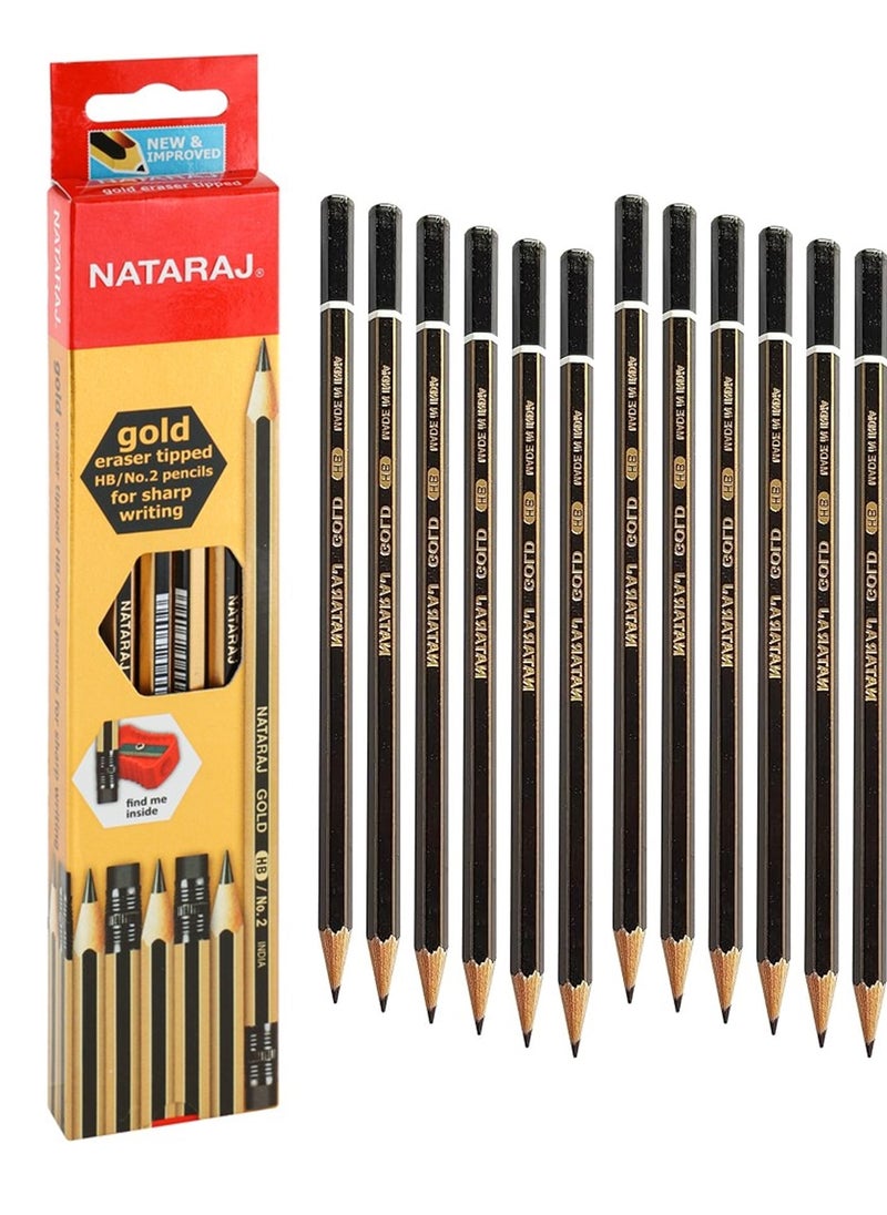 NATARAJ أقلام رصاص جرافيت HB ذهبية اللون مكونة من 12 قطعة مع أطراف مطاطية  - Image 2