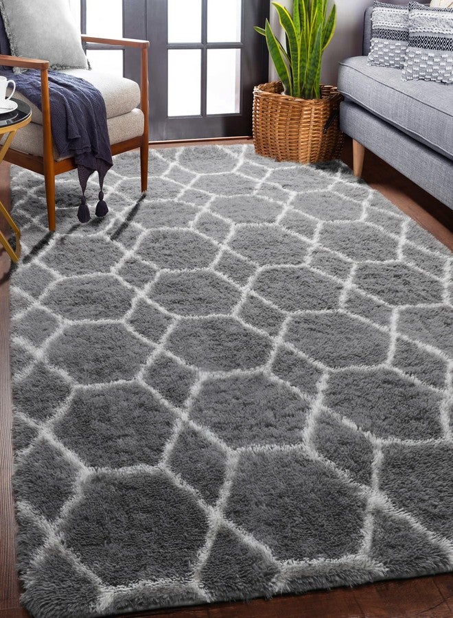 ONASAR Area Rugs for Bedroom Living Room, 4x6 Fluffy Grey and White Floor Rug, Shaggy Geometric Soft Plush Fuzzy Carpet for Nursery Teen Playroom Dorm Office Home Decor Aesthetic - Image 3