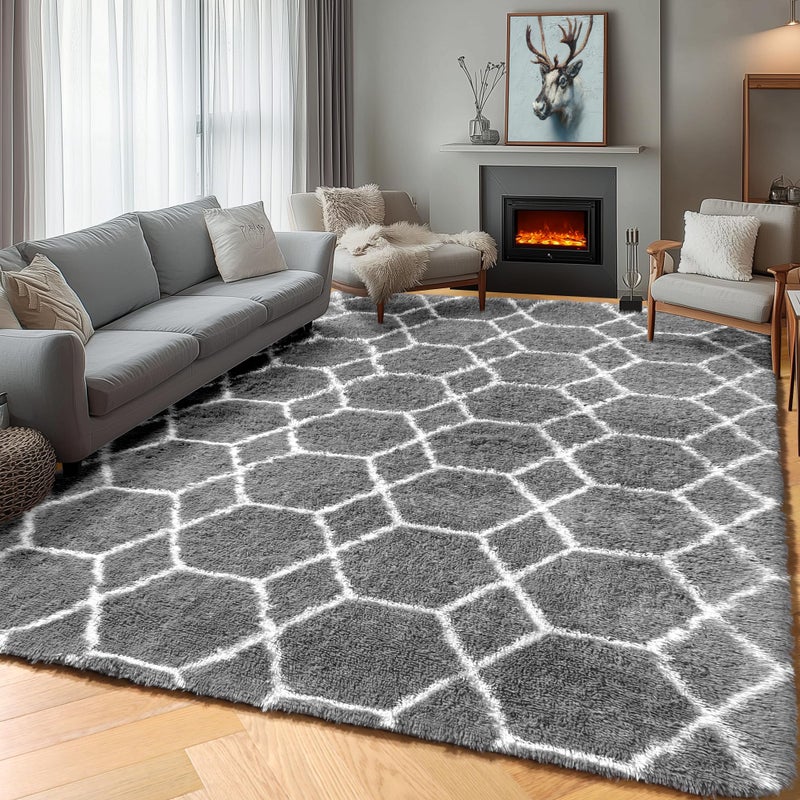 ONASAR Area Rugs for Bedroom Living Room, 4x6 Fluffy Grey and White Floor Rug, Shaggy Geometric Soft Plush Fuzzy Carpet for Nursery Teen Playroom Dorm Office Home Decor Aesthetic - Image 1