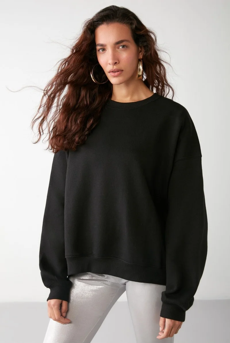 GRIMELANGE VANELTINA Women's Crew Neck Polar Fleece Oversize Fit Basic Black Sweatshirt