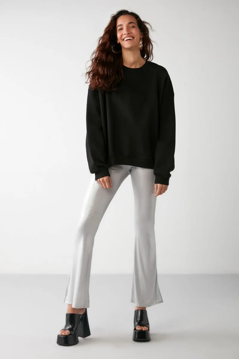 GRIMELANGE VANELTINA Women's Crew Neck Polar Fleece Oversize Fit Basic Black Sweatshirt