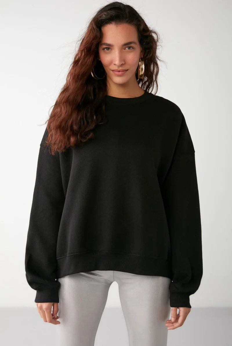 GRIMELANGE VANELTINA Women's Crew Neck Polar Fleece Oversize Fit Basic Black Sweatshirt