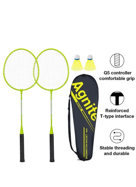 Agnite Er301 Badminton Racket Set – 2 Lightweight Carbon Rackets, G5 Comfortable Grip, Reinforced T-Joint, Stable Stringing, Includes 2 Shuttlecocks & Carry Bag.