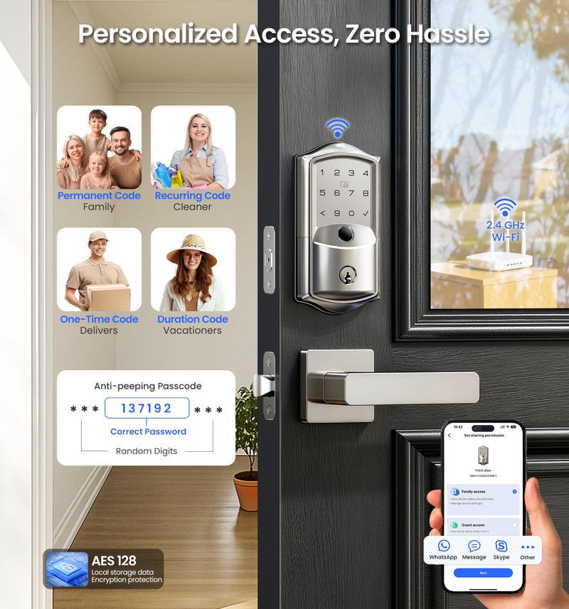 Veise VE027-L Built-in WiFi Smart Lock with Handle, Fingerprint keyless Entry Door Lock Set, App Remote & Voice Control, Electronic Deadbolt for Front Door, Touchscreen Keypad, Auto Lock, Satin Nickel - Image 4