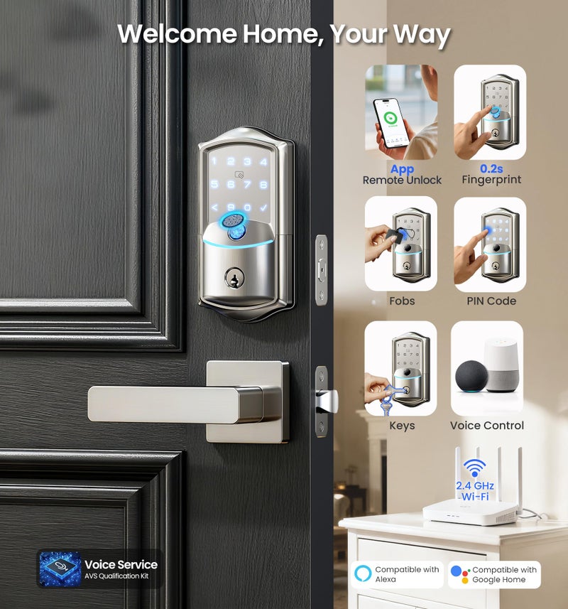 Veise VE027-L Built-in WiFi Smart Lock with Handle, Fingerprint keyless Entry Door Lock Set, App Remote & Voice Control, Electronic Deadbolt for Front Door, Touchscreen Keypad, Auto Lock, Satin Nickel - Image 2