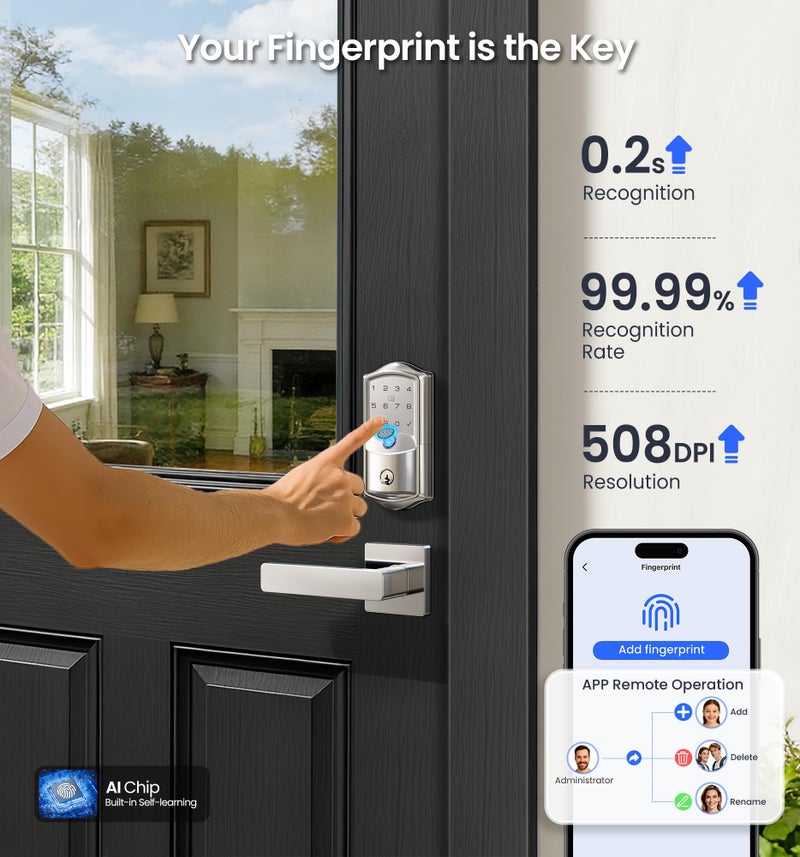 Veise VE027-L Built-in WiFi Smart Lock with Handle, Fingerprint keyless Entry Door Lock Set, App Remote & Voice Control, Electronic Deadbolt for Front Door, Touchscreen Keypad, Auto Lock, Satin Nickel - Image 5