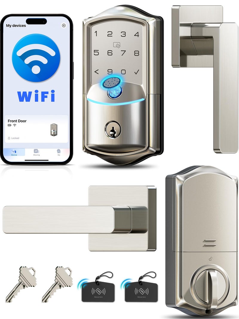 Veise VE027-L Built-in WiFi Smart Lock with Handle, Fingerprint keyless Entry Door Lock Set, App Remote & Voice Control, Electronic Deadbolt for Front Door, Touchscreen Keypad, Auto Lock, Satin Nickel - Image 1