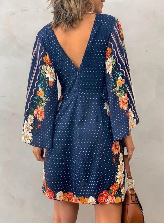Take Two Women's Floral Printed V Neck Loose Long Sleeve Mini Dress