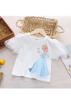 Disney Girls summer mesh puff sleeve princess t-shirt cartoon short sleeve top 6-8 years (130cm)  - Image 1