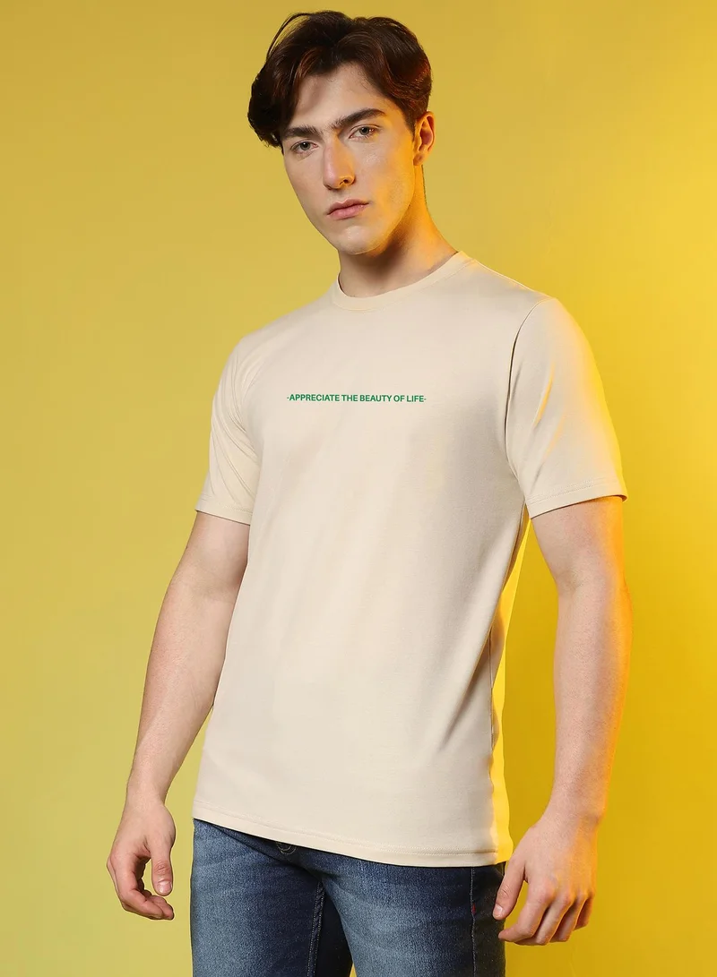 Campus Sutra Campus Sutra Men's Pale Yellow Printed Oversized Basic T-Shirt