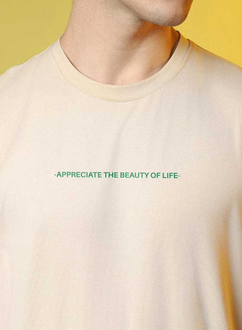 Campus Sutra Campus Sutra Men's Pale Yellow Printed Oversized Basic T-Shirt