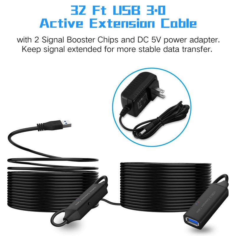 RSHTECH USB 3.0 Active Extension Cable 32 Feet with 5V 2A Power Adapter, USB 3.0 Extender Male to Female Cord with Built-in Signal Booster Chips for Xbox, PS4, USB Printer, Mouse, Keyboard, etc - Image 2