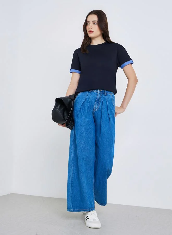 Styli Women Cotton T-Shirt with Contrast Cuff Detail