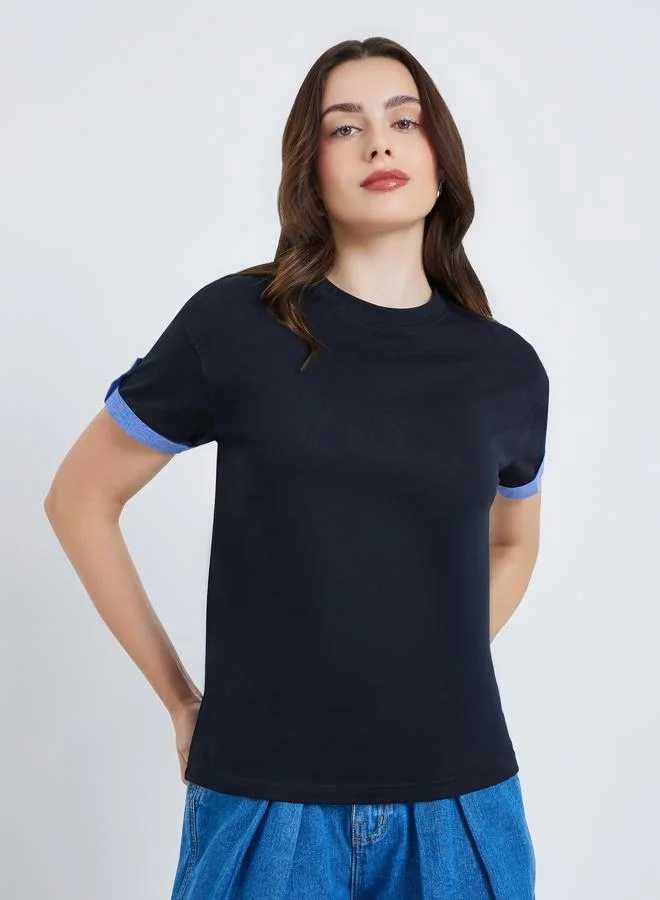 Styli Women Cotton T-Shirt with Contrast Cuff Detail