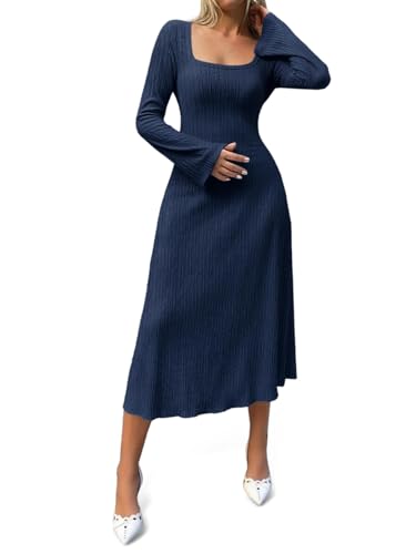 Cicy Bell Womens Sweater Dress Square Neck Maxi Dress Long Sleeve Tie Waist Fall Winter Wedding Guest Knit Midi Dresses Navy - Image 1